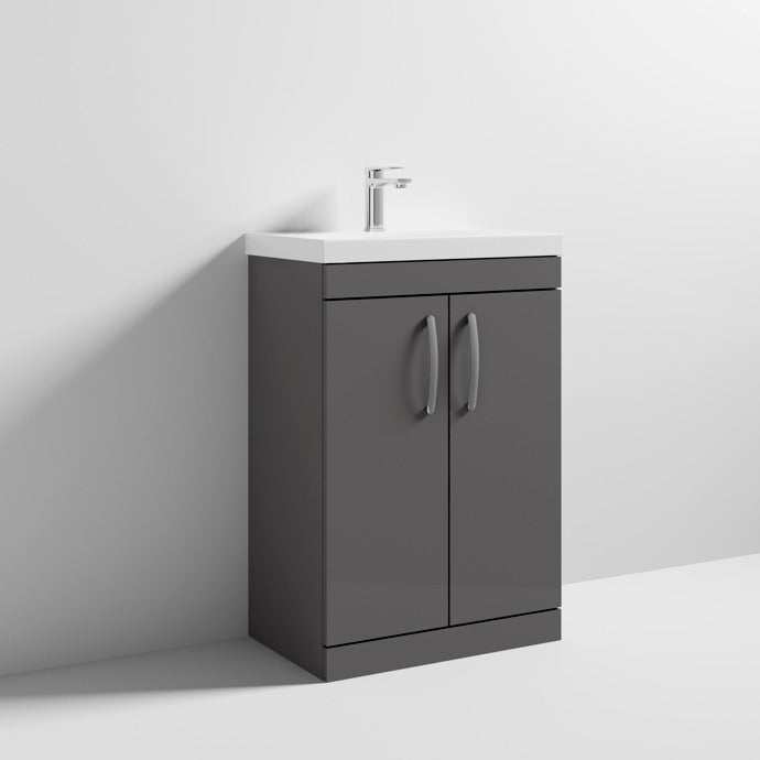 Nuie Athena Gloss Grey Contemporary 600mm Floor Standing Cabinet & Basin 3 - ATH075D - TAP 'N' SHOWER