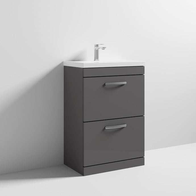 Nuie 2-Drawer Athena Floor Standing Vanity Unit with Basin-1 600mm Wide - Gloss Grey - ATH076A