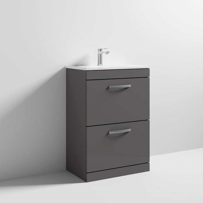 Nuie 2-Drawer Athena Floor Standing Vanity Unit with Basin-2 600mm Wide - Gloss Grey - ATH076B