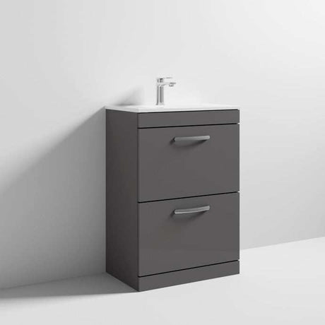 Nuie 2-Drawer Athena Floor Standing Vanity Unit with Basin-2 600mm Wide - Gloss Grey - ATH076B