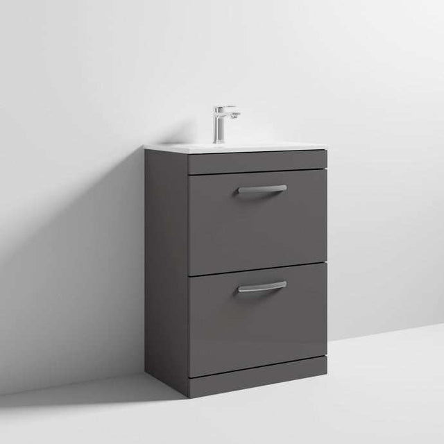 Nuie 2-Drawer Athena Floor Standing Vanity Unit with Basin-2 600mm Wide - Gloss Grey - ATH076B
