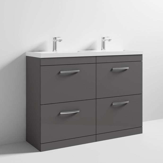Nuie 4-Drawer Athena Floor Standing Vanity Unit with Double Basin 1200mm Wide - Gloss Grey - ATH076C