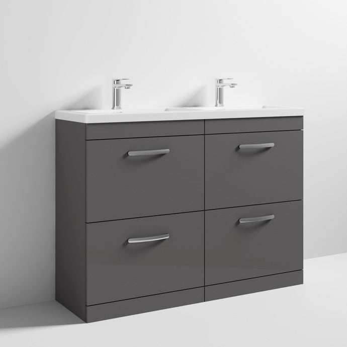 Nuie Athena 4 - Drawer Floor Standing Vanity Unit with Double Ceramic Basin 1200mm Wide - Gloss Grey - ATH076F - TAP 'N' SHOWER