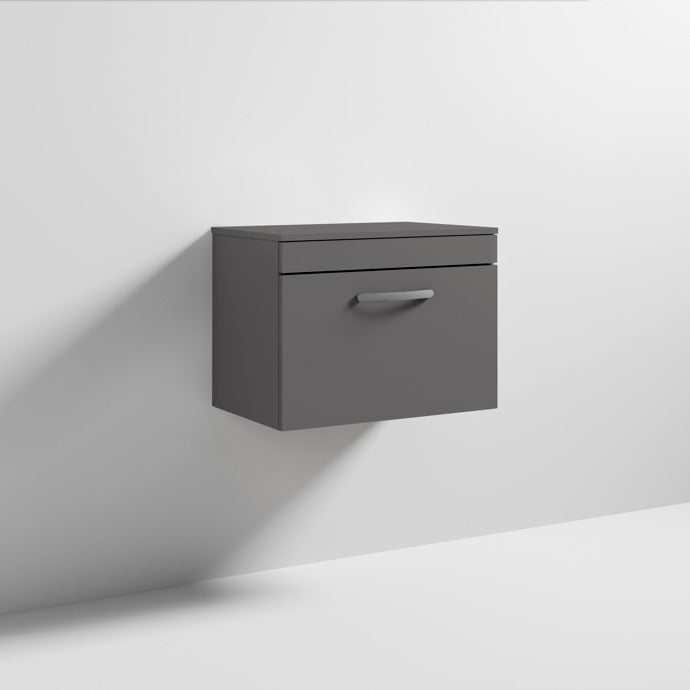 Nuie 1 - Drawer Athena Wall Hung Vanity Unit and Worktop 600mm Wide - Gloss Grey - ATH077W - TAP 'N' SHOWER