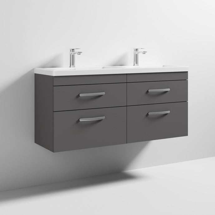 Nuie Athena 4 - Drawer Wall Hung Vanity Unit with Double Ceramic Basin 1200mm Wide - Gloss Grey - ATH078F - TAP 'N' SHOWER
