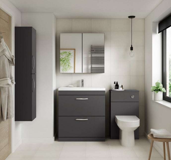 Modern bathroom featuring Nuie Athena 500mm wide gloss grey back to wall WC toilet unit with chrome handle and matching storage units.