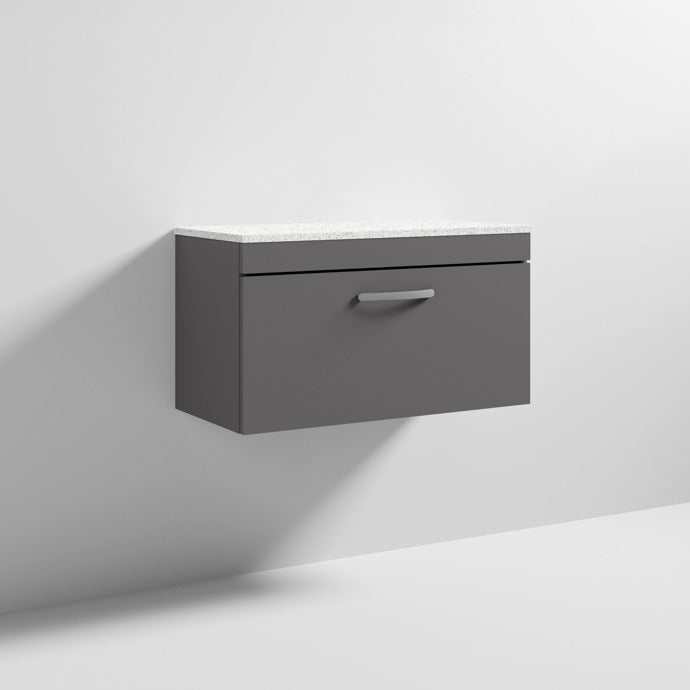 Nuie Athena 1 - Drawer Wall Hung Vanity Unit with Sparkling White Worktop 800mm Wide - Gloss Grey - ATH080LSW - TAP 'N' SHOWER