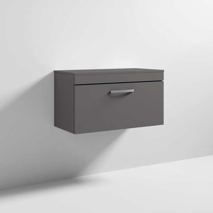 Nuie 1 - Drawer Athena Wall Hung Vanity Unit and Worktop 800mm Wide - Gloss Grey - ATH080W - TAP 'N' SHOWER