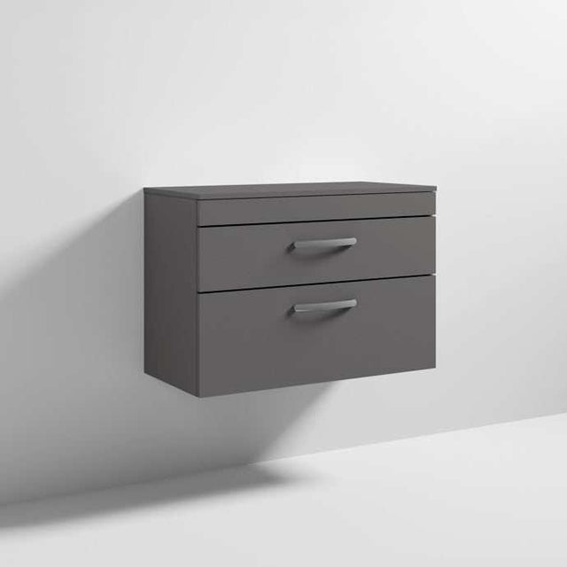 Nuie 2-Drawer Athena Wall Hung Vanity Unit and Worktop 800mm Wide Gloss Grey - ATH081W