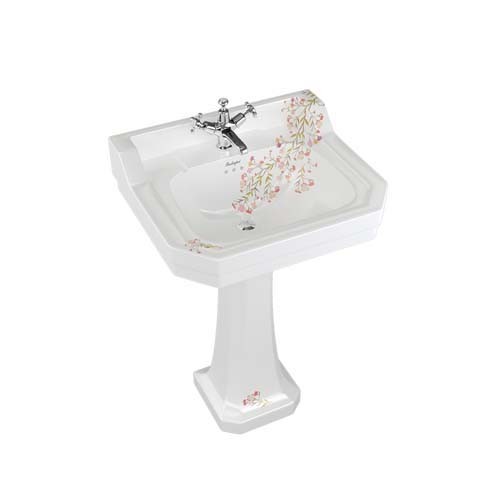 Burlington Bespoke Oriental Blossom 3 Tapholes Edwardian Pedestal Basin 560 x 470mm - White - B43THBLOSS - TAP 'N' SHOWER