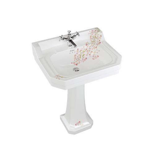 Burlington Bespoke Oriental Blossom 3 Tapholes Edwardian Pedestal Basin 610 x 505mm - White - B53THBLOSS - TAP 'N' SHOWER