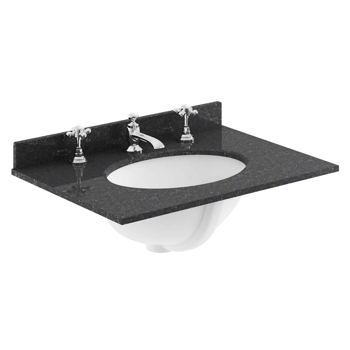 Bayswater Marble Top black 600mm wide furniture basin with three tap holes and built-in white vitreous china sink