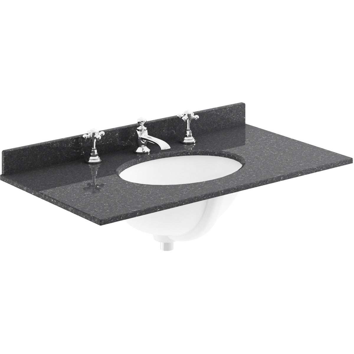 Bayswater Black Marble Top 800mm wide furniture basin with three tap holes and splashback