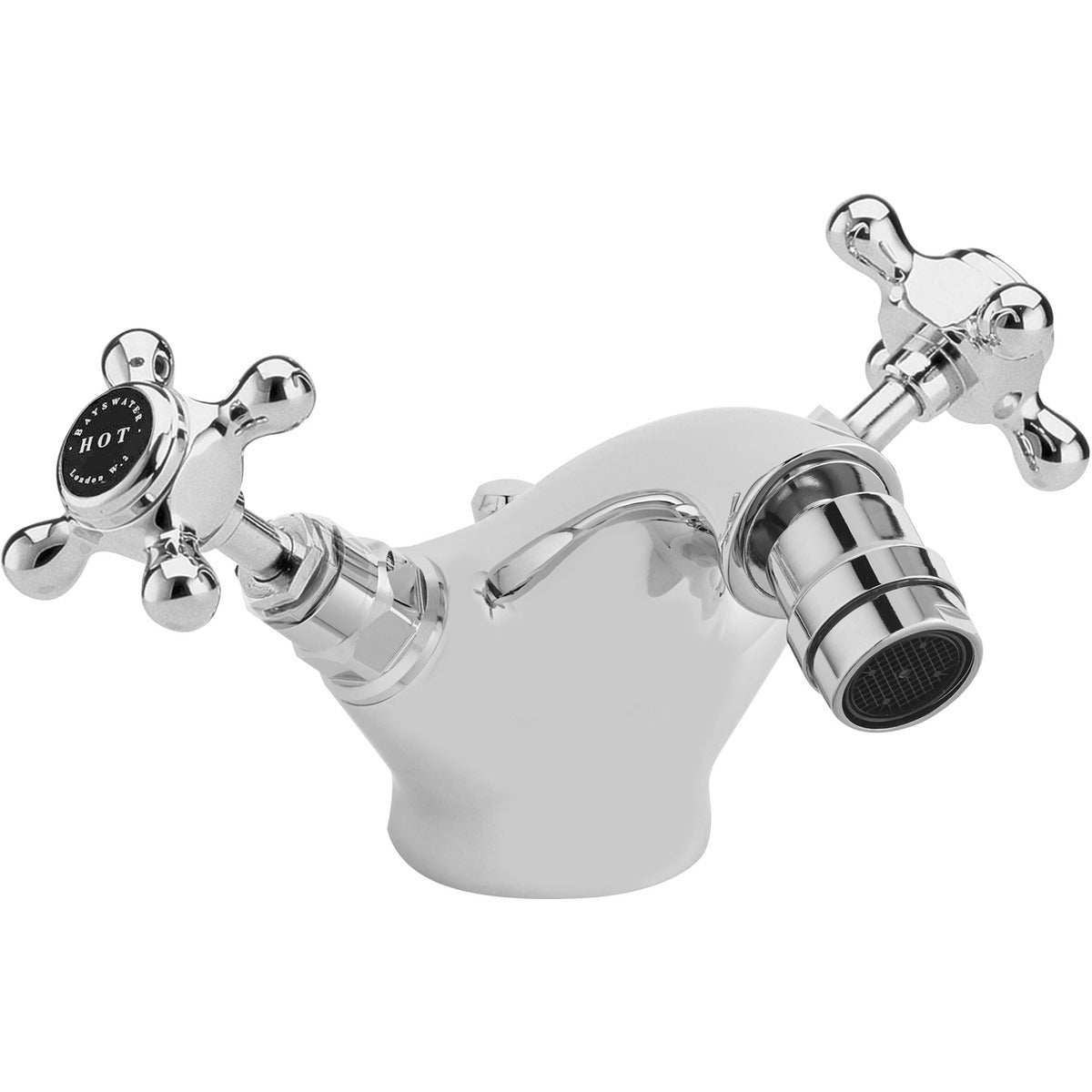 Bayswater Crosshead Dome white and chrome 3-hole wall mounted bath filler tap with crosshead handles and durable brass construction