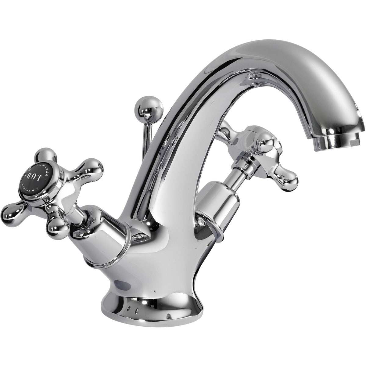 Bayswater Crosshead Dome Mono Basin Mixer Tap in black and chrome with curved spout and crosshead handles
