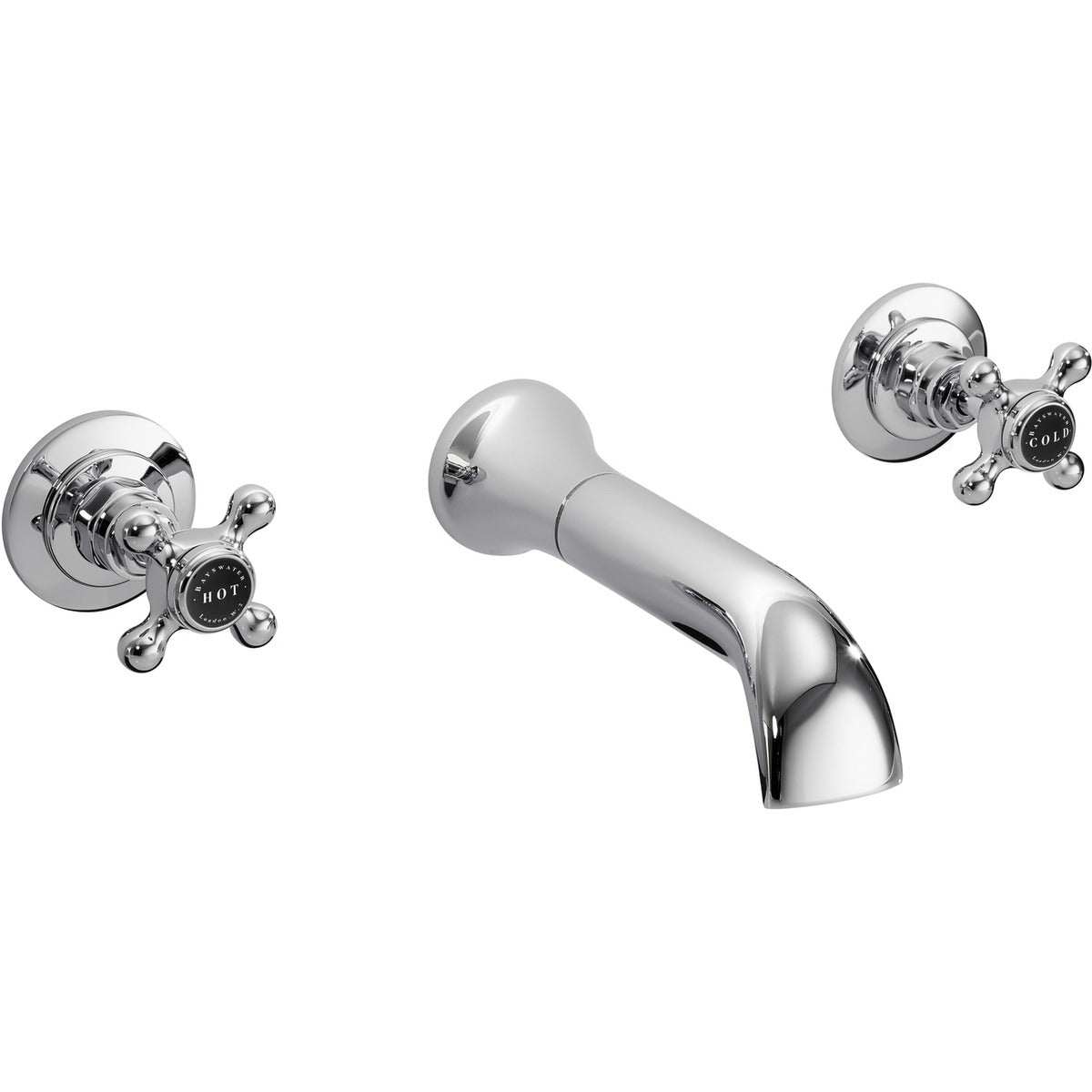 Bayswater Crosshead Dome white and chrome wall-mounted bath shower mixer tap with hot and cold crosshead handles and curved spout
