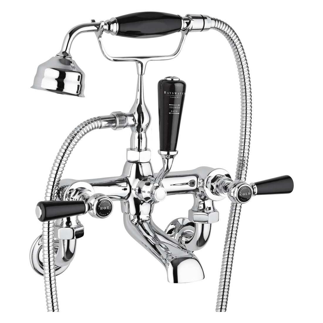 Bayswater Crosshead Hex black and chrome mono basin mixer tap with curved spout and crosshead handles