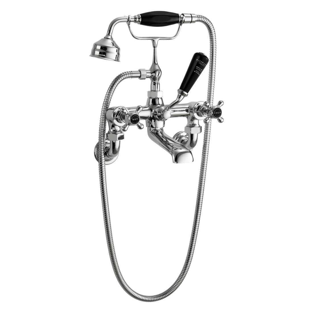 Bayswater Crosshead black and chrome wall mounted bath shower mixer tap with diverter handle and handset stand