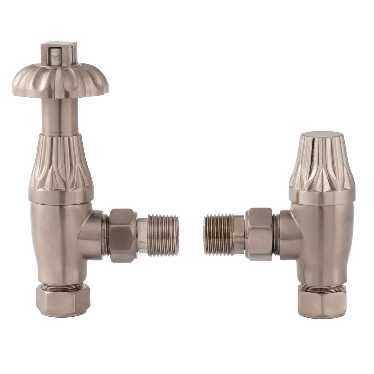 Bayswater Fluted Angled Thermostatic Radiator Valves Lockshield Pair - Satin Nickel - BAYV106 - TAP 'N' SHOWER