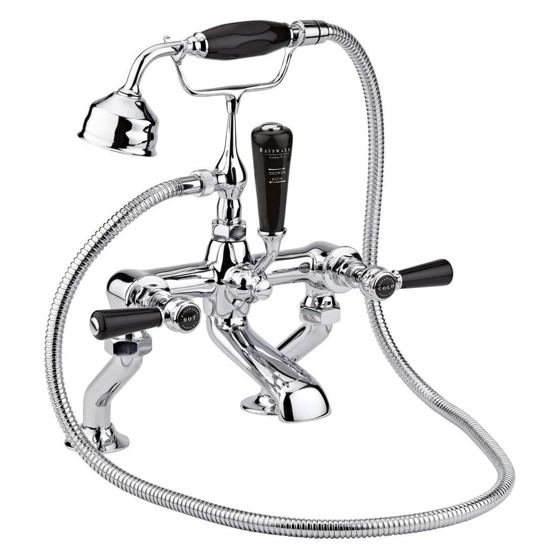 Bayswater Lever Dome black and chrome deck mounted bath shower mixer tap with flexible hose and lever handles