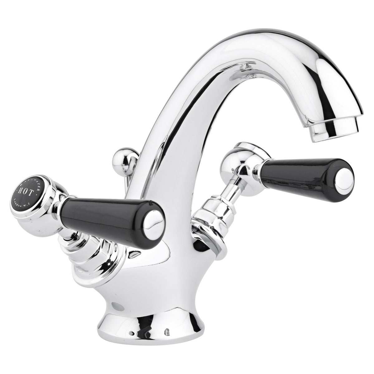 Bayswater Lever Dome basin mixer tap in black and chrome with curved spout and ceramic disc technology