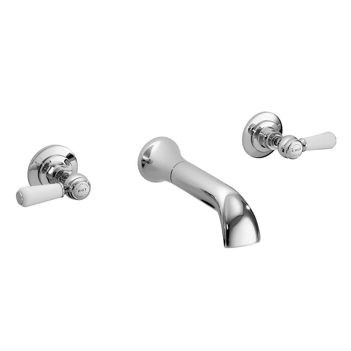 Bayswater Lever Dome 3-hole wall mounted bath filler tap in white and chrome with lever handles and dome collar design