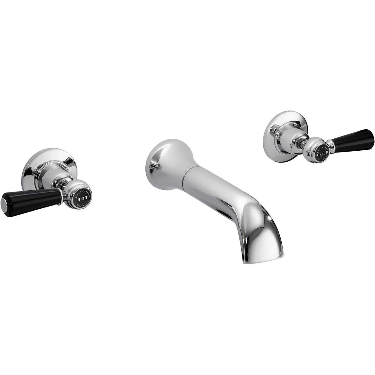 Bayswater Lever Hex 3-hole wall mounted bath filler tap with black levers and chrome spout for traditional baths