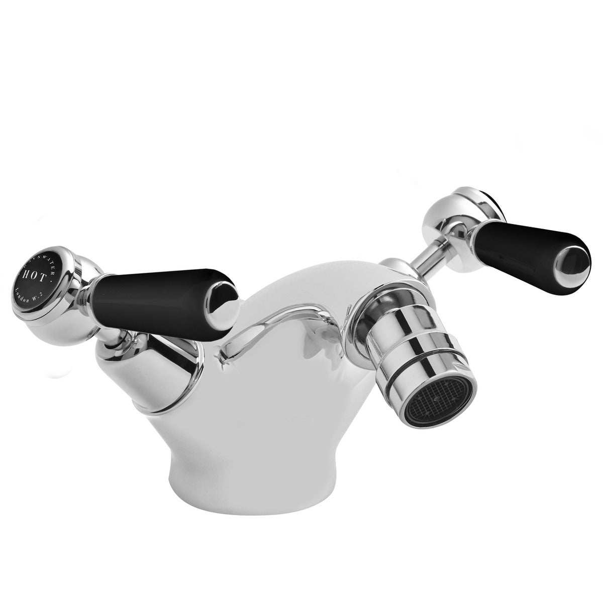 Bayswater Lever Hex black and chrome mono bidet mixer tap with dual black handles and curved spout
