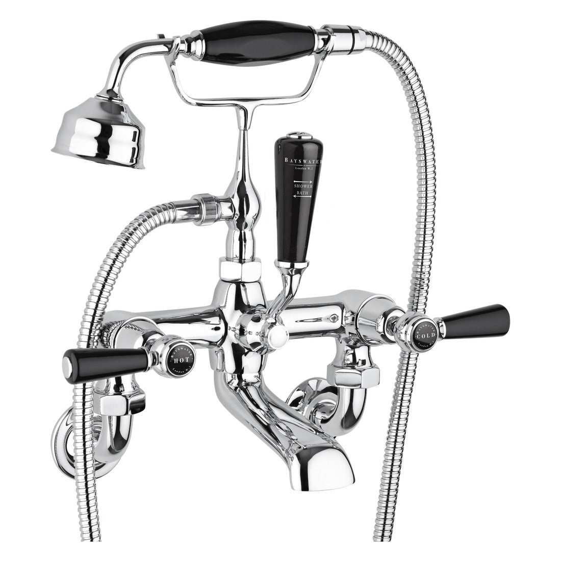 Bayswater Lever Hex black and chrome wall mounted bath shower mixer tap with brass design, shower handset, hose, and lever handles
