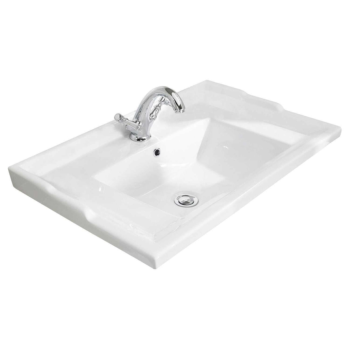 Bayswater Traditional 600mm wide white vitreous china furniture basin with single tap hole and Art Deco square edges design