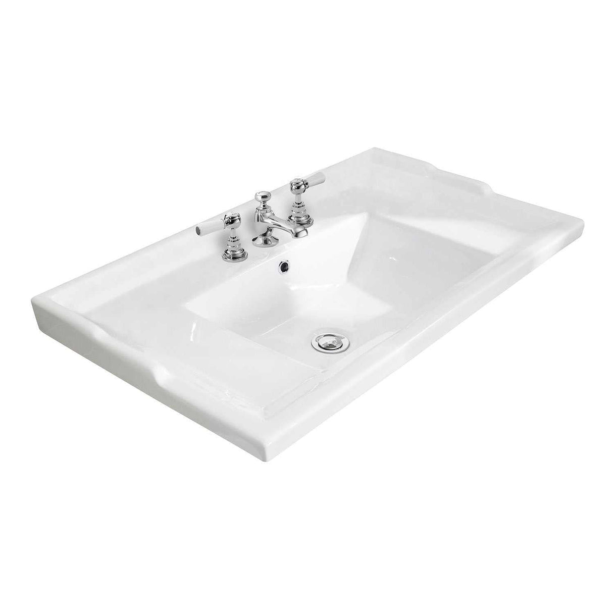 Bayswater Traditional 800mm wide white vitreous china basin with 3 tap holes, Art Deco square edges, and splashback.