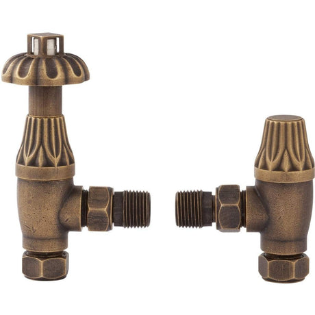 Bayswater Fluted Angled Thermostatic Radiator Valves and Lockshield Pair - Antique Brass - BAYV104