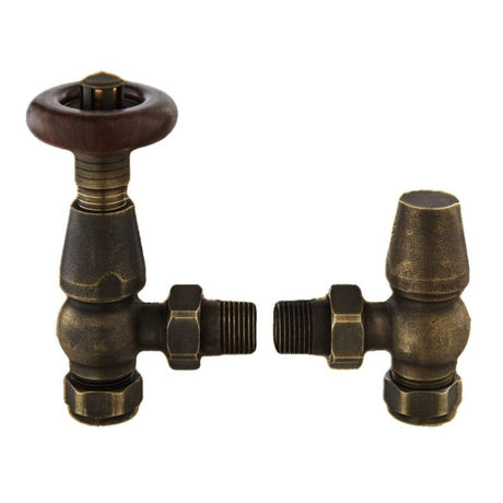 Bayswater Rounded Angled Antique Brass Thermostatic Radiator Valves and Lockshield Pair - BAYV107