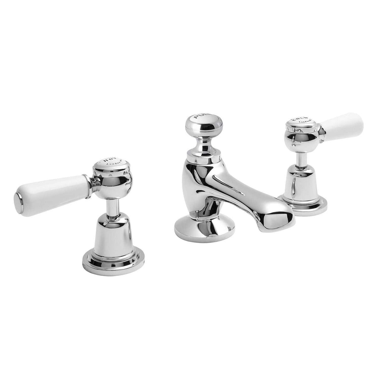 Bayswater Lever Hex 3-Hole Basin Mixer Tap in white and chrome with Art Deco hexagonal design and ceramic disc technology