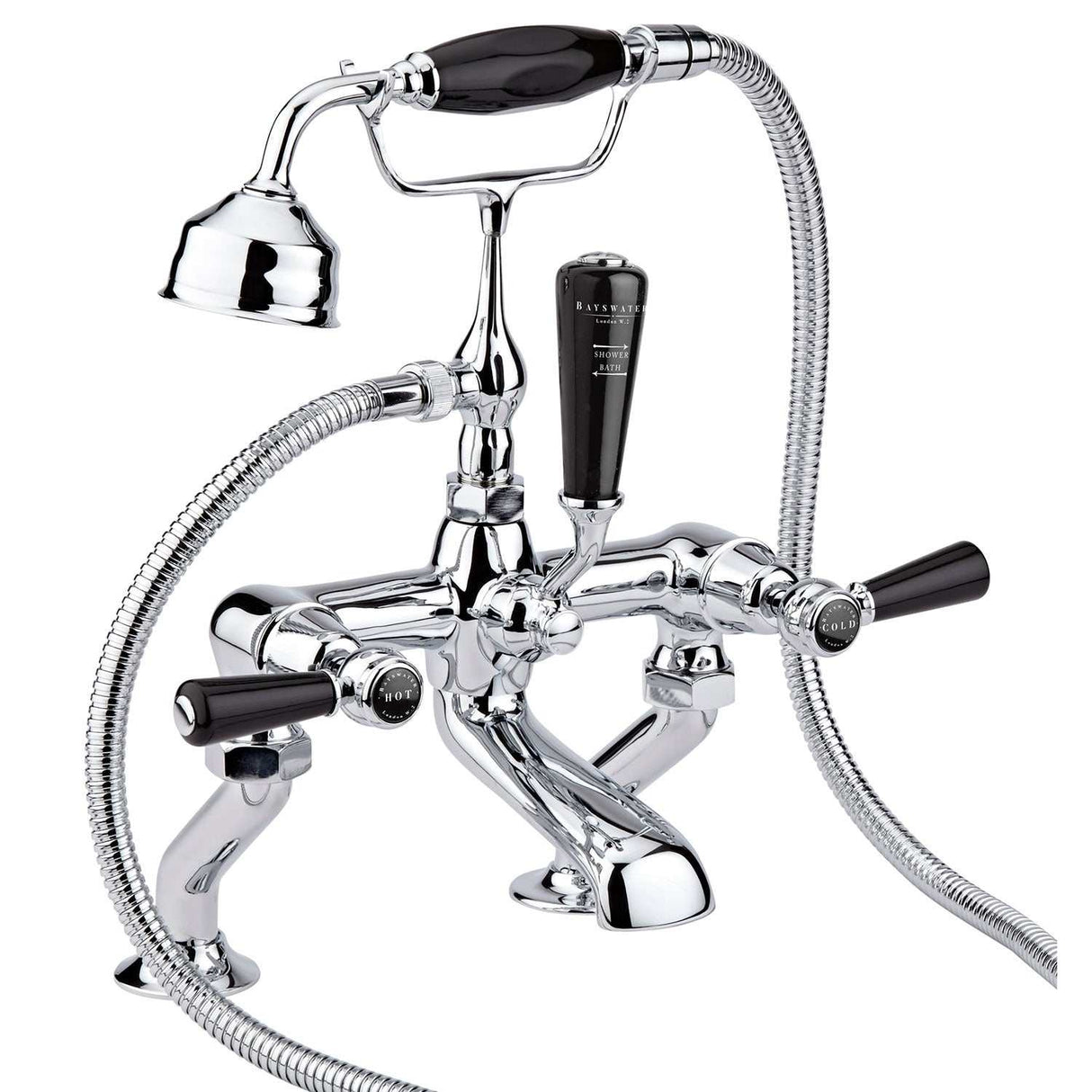 Bayswater Lever Hex deck mounted bath shower mixer tap in black and chrome with bath spout, handset, and diverter controls