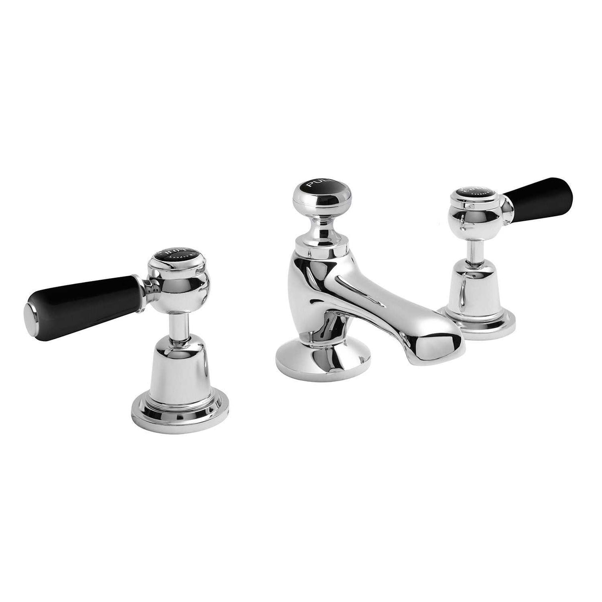 Bayswater Lever Hex 3-hole basin mixer tap with black handles and chrome finish on brass spout