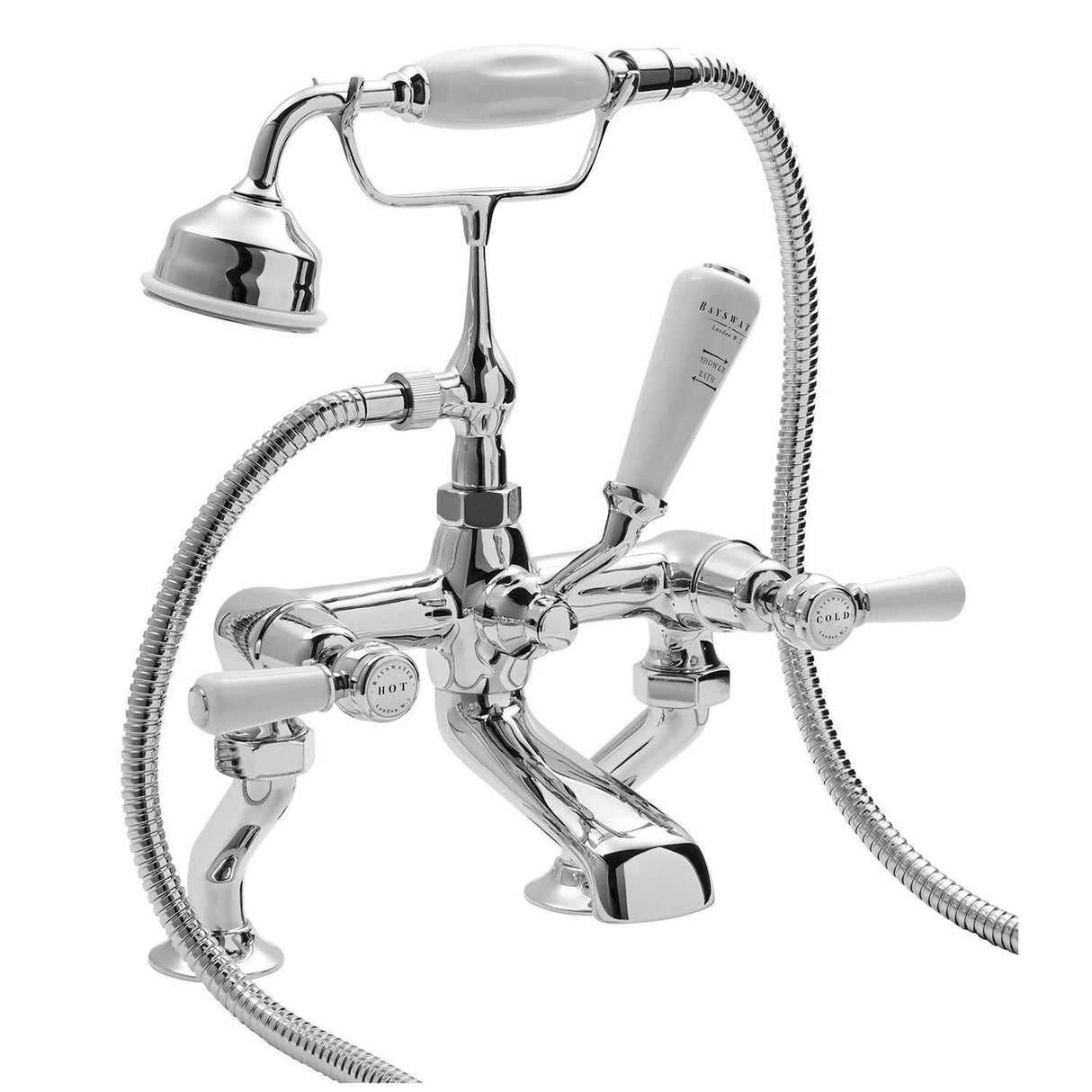 Bayswater Lever Dome white and chrome deck mounted bath shower mixer tap with ceramic handles and brass construction