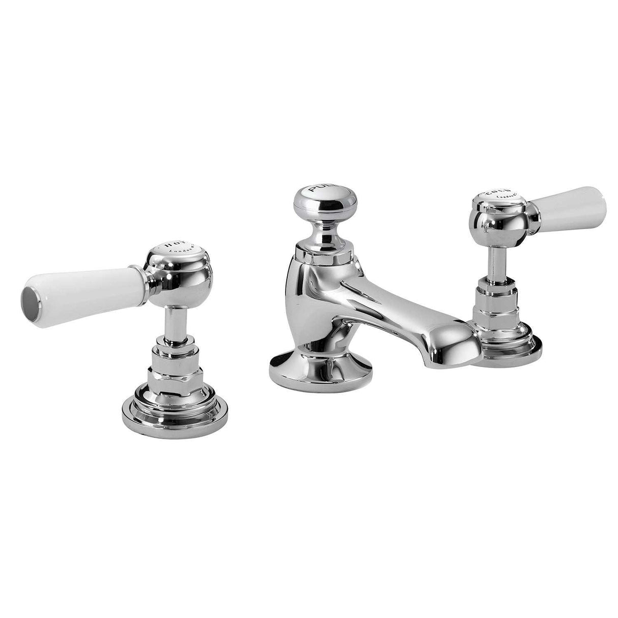 Bayswater Lever Dome 3-Hole Basin Mixer Tap in white and chrome with ceramic lever handles and dome collars
