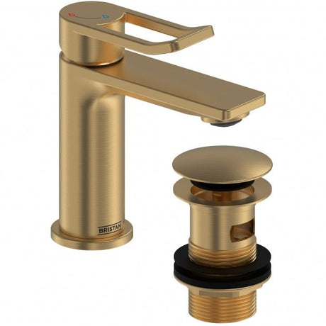 Bristan Saffron Eco Start Small Basin Mixer Tap with Clicker Waste - Brushed Brass - SAF ES SMBAS BB - TAP 'N' SHOWER