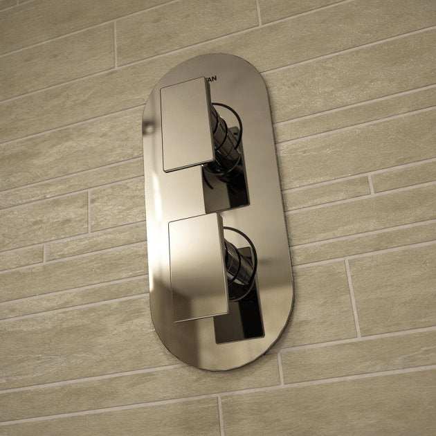 Bristan Designer Two Outlet Diverter thermostatic shower valve with chrome recessed dual control on tiled wall