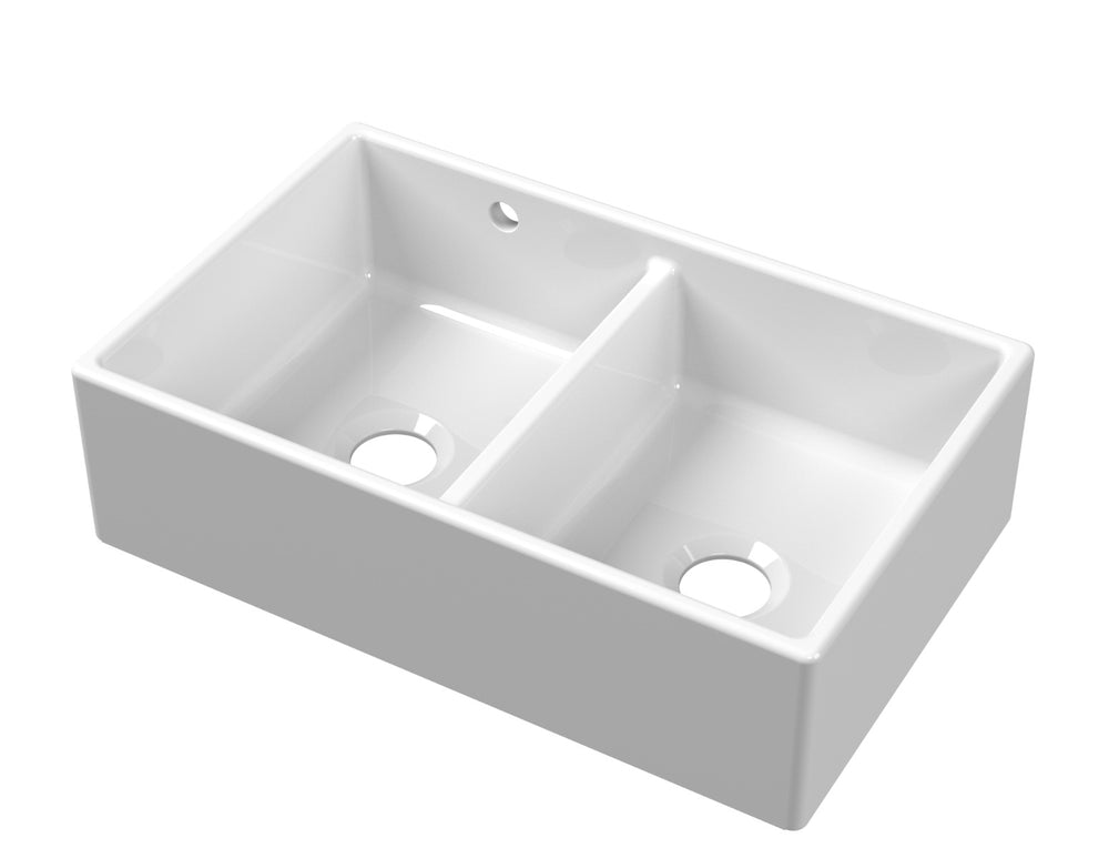 Launde Abbey Butler Two Bowl Sink Stepped Weir and Overflow 795mm x 500mm x 220mm - White - TAP 'N' SHOWER