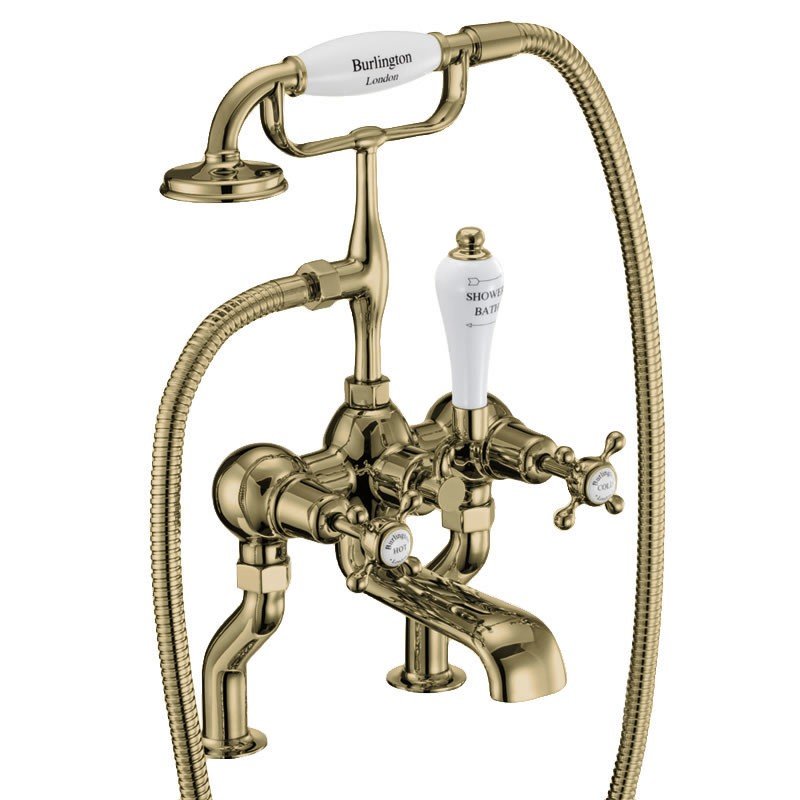 Burlington Claremont Quarter Turn Deck Mounted Bath Shower Mixer with S Adjuster Gold/White Indicies - CL15QTGOLD - TAP 'N' SHOWER