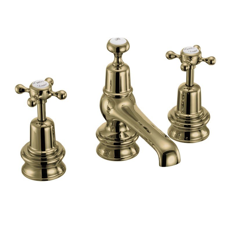 Burlington Claremont Regent Quarter Turn 3 Taphole Basin Mixer with Pop - Up Waste with White Indicies - Gold - CLR12QTGOLD - TAP 'N' SHOWER