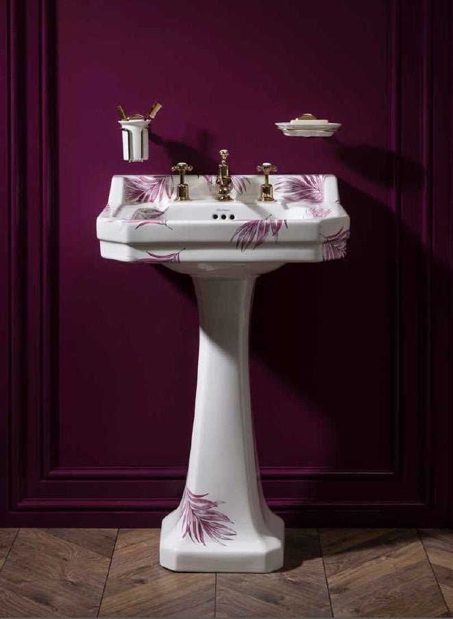 Burlington Bespoke Botanical 1 Taphole Edwardian Pedestal Basin 560 x 470mm - Pink - B41THBOTA - TAP 'N' SHOWER