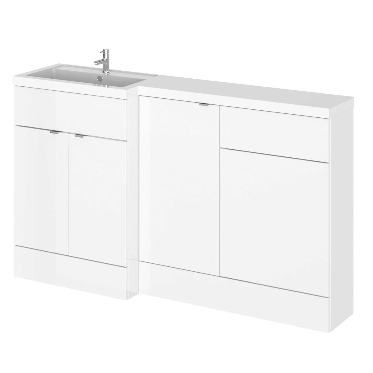 Hudson Reed Fusion gloss white 1500mm wide 3-door left-hand bathroom combination unit with integrated 500mm rectangular WC unit