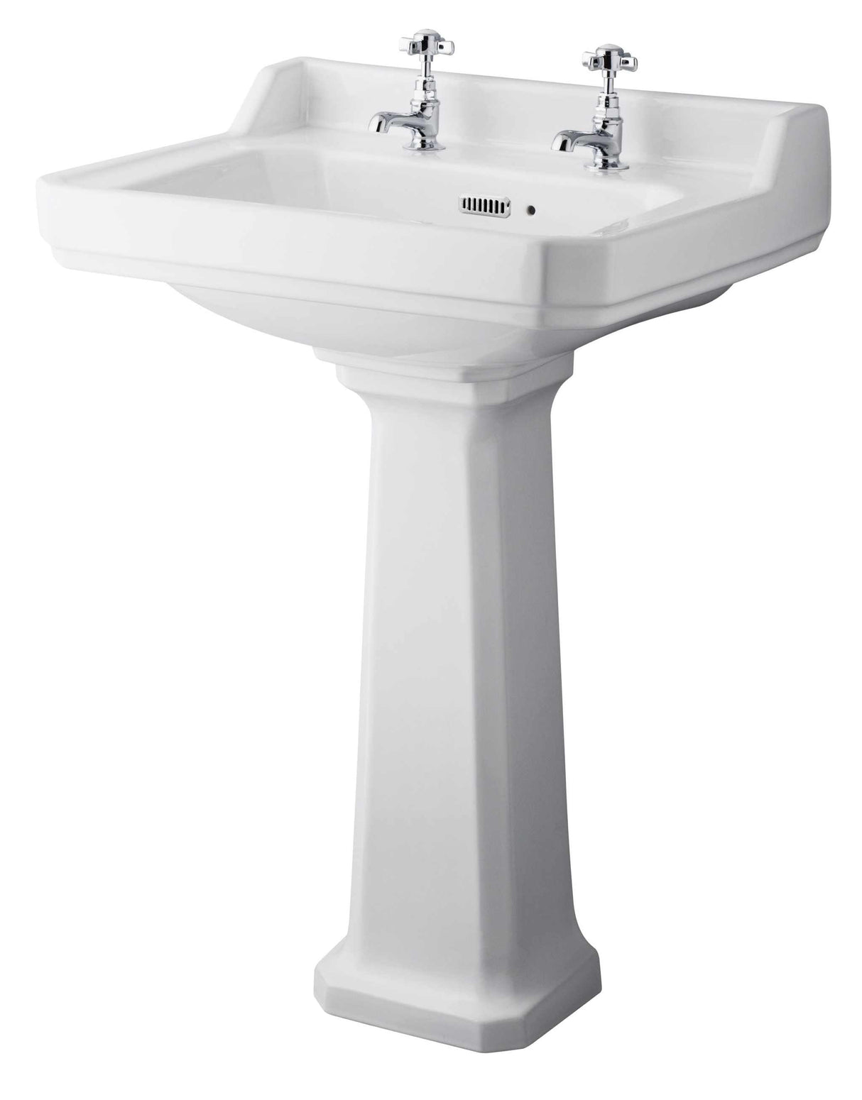 Hudson Reed Richmond white 600mm wide square basin with two tap holes and comfort height full pedestal