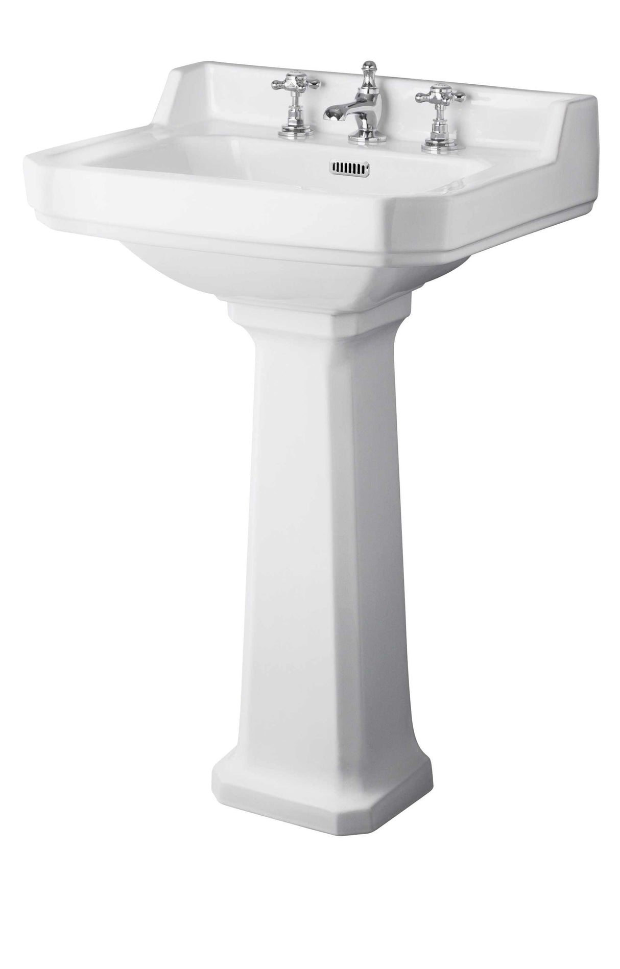 Hudson Reed Richmond white square basin with three tap holes and comfort height full pedestal 560mm wide
