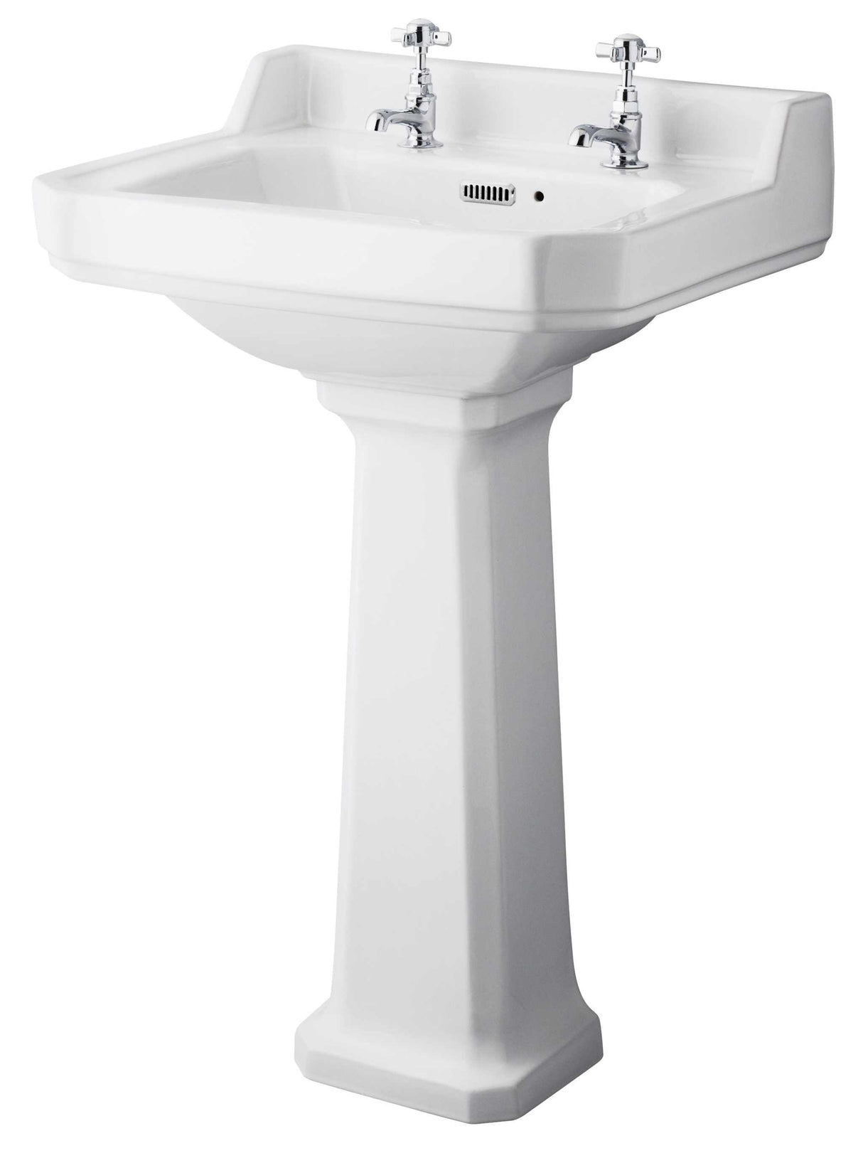 Hudson Reed Richmond white square basin with comfort height full pedestal and two tap holes, 560mm wide