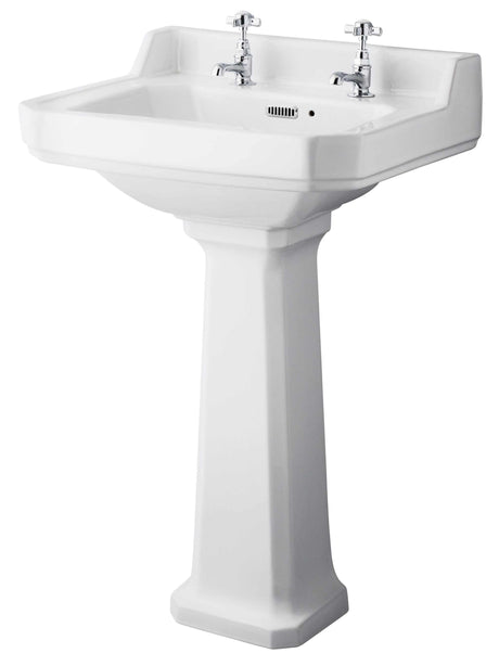 Hudson Reed Richmond white square basin with comfort height full pedestal and two tap holes, 560mm wide