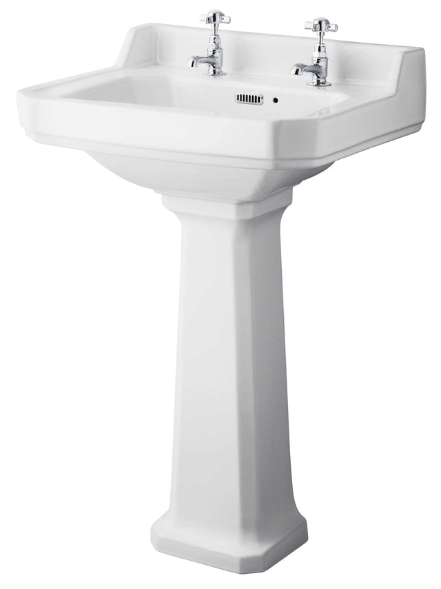 Hudson Reed Richmond white square basin with comfort height full pedestal and two tap holes, 560mm wide